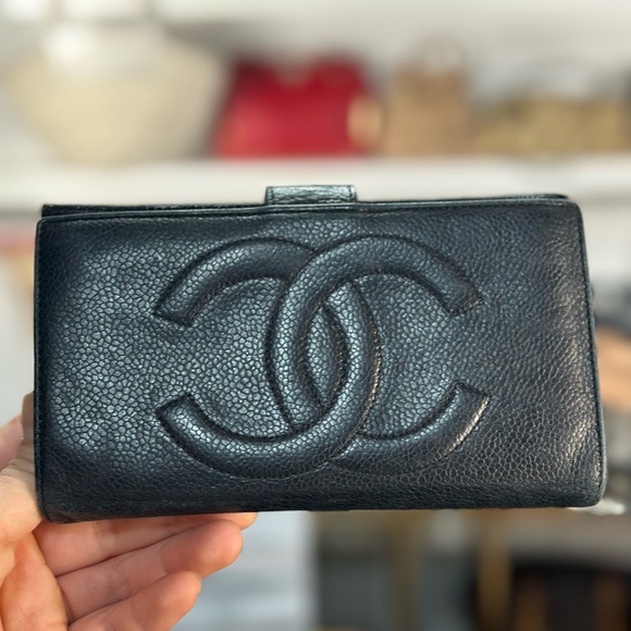 Chanel Black Caviar Leather Long Flap Wallet